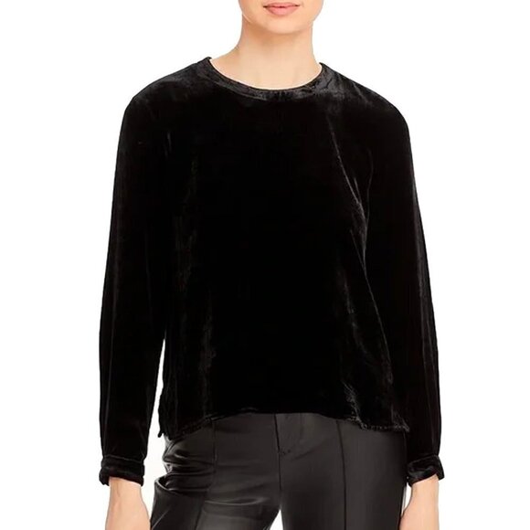 Eileen Fisher Black Velvet Round Neck Blouse Top Long Sleeve Silk Viscose Boxy - Picture 1 of 14